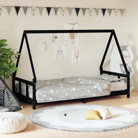 vidaXL Cadru pat pentru copii, negru, 90x200 cm, lemn masiv de pin