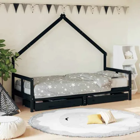 vidaXL Cadru pat copii cu sertare, negru, 80x200 cm, lemn masiv de pin