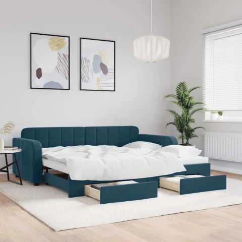 vidaXL Pat de zi cu extensie și sertare, albastru, 90x200 cm, catifea