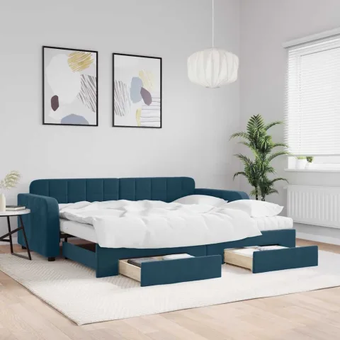 vidaXL Pat de zi cu extensie și sertare, albastru, 90x200 cm, catifea