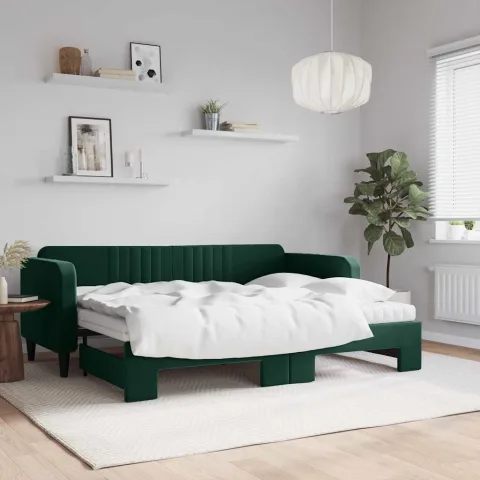 vidaXL Pat de zi cu extensie și saltele verde închis 80x200 cm catifea
