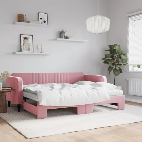 vidaXL Pat de zi cu extensie și saltea, roz, 80x200 cm, catifea