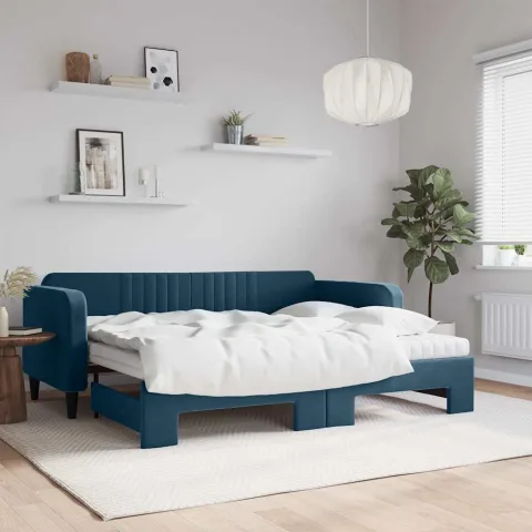 vidaXL Pat de zi cu extensie și saltea, albastru, 90x200 cm, catifea