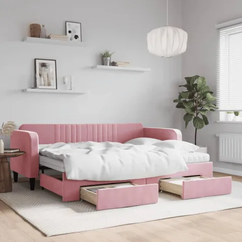 vidaXL Pat de zi cu extensie și sertare, roz, 80x200 cm, catifea