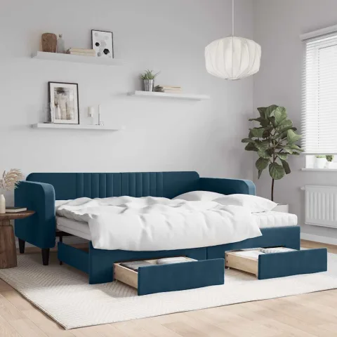 vidaXL Pat de zi cu extensie și sertare, albastru, 90x200 cm, catifea