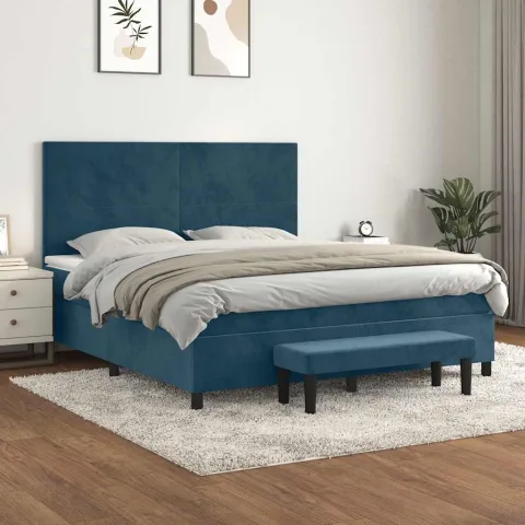 vidaXL Pat box spring cu saltea, albastru închis, 160x200 cm, catifea