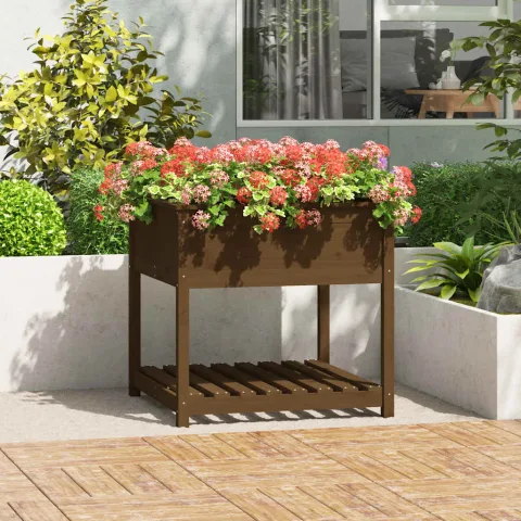 vidaXL Jardinieră cu raft, maro miere, 82,5x82,5x81 cm, lemn masiv pin
