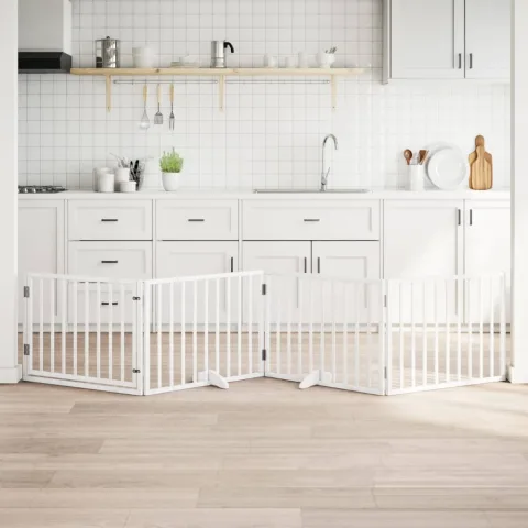 vidaXL Poartă câini pliabilă cu ușă, 4 panouri, alb, 320 cm, lemn plop