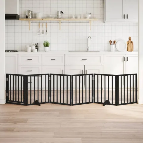 vidaXL Poartă câini pliabilă cu ușă 6 panouri negru, 300 cm, lemn plop