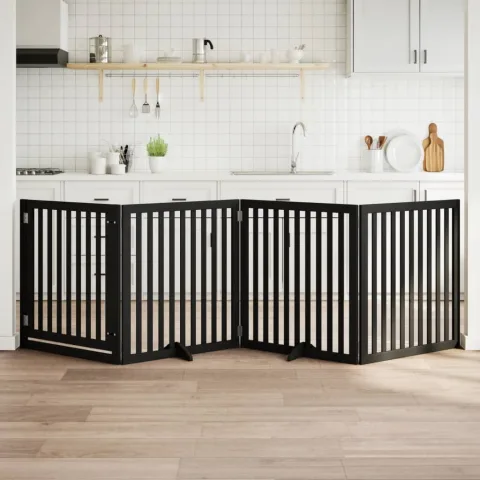 vidaXL Poartă câini pliabilă cu ușă 4 panouri negru, 320 cm, lemn plop