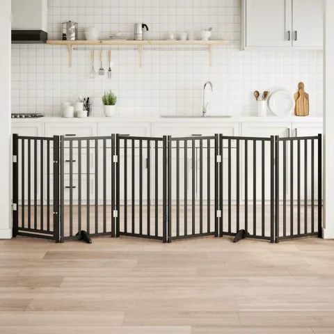 vidaXL Poartă câini pliabilă cu ușă, 6 panouri negru 300 cm, lemn brad