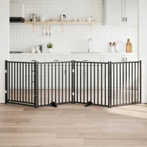 vidaXL Poartă câini pliabilă cu ușă 4 panouri negru, 320 cm, lemn brad