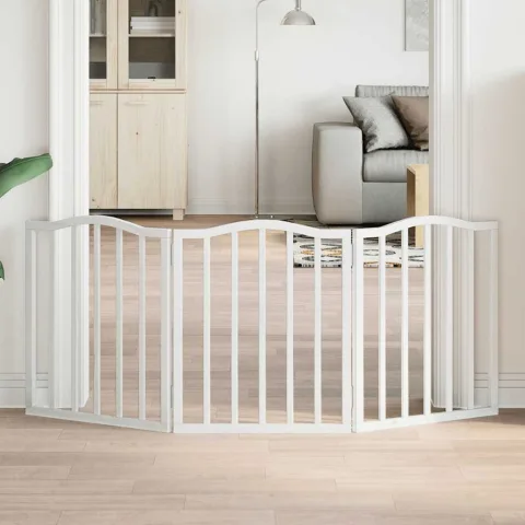 vidaXL Poartă pentru câini pliabilă, 3 panouri, alb, 150 cm, lemn plop