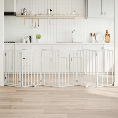 vidaXL Poartă câini pliabilă cu ușă, 6 panouri, alb, 300 cm, lemn plop