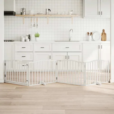vidaXL Poartă câini pliabilă cu ușă, 4 panouri, alb, 320 cm, lemn plop