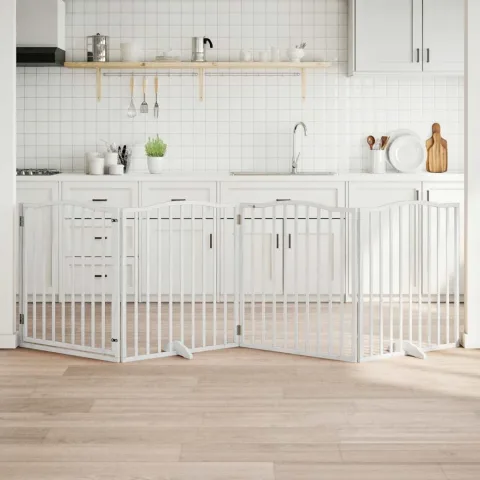 vidaXL Poartă câini pliabilă cu ușă, 4 panouri, alb, 320 cm, lemn plop