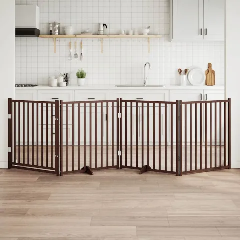 vidaXL Poartă câini pliabilă cu ușă 4 panouri maro 320 cm, lemn brad