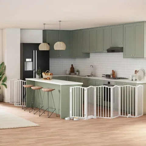 vidaXL Poartă câini pliabilă cu ușă, 9 panouri, alb, 450 cm, lemn plop