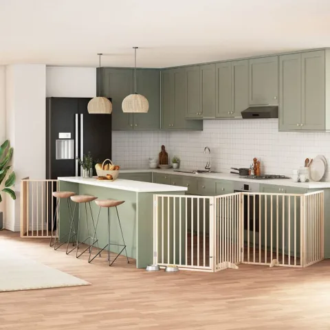 vidaXL Poartă de câini pliabilă cu ușă, 12 panouri, 960 cm, lemn plop