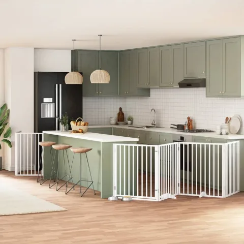 vidaXL Poartă câini pliabilă cu ușă 8 panouri, alb, 640 cm, lemn plop