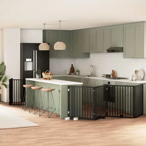 vidaXL Poartă câini pliabilă cu ușă 8 panouri negru 640 cm, lemn plop