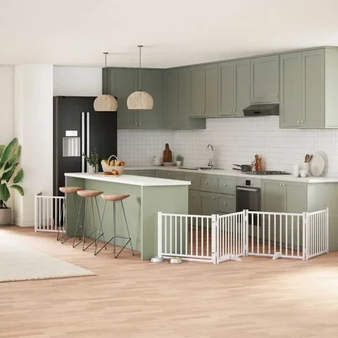 vidaXL Poartă câini pliabilă cu ușă 8 panouri, alb, 640 cm, lemn plop