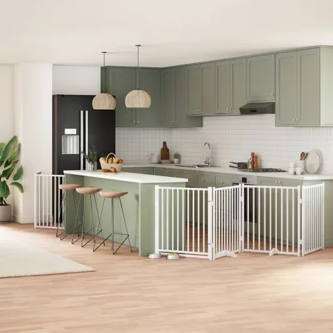 vidaXL Poartă câini pliabilă cu ușă 12 panouri, alb, 960 cm, lemn plop