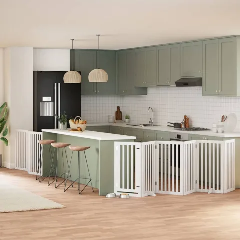 vidaXL Poartă câini pliabilă cu ușă, 9 panouri, alb, 450 cm, lemn plop