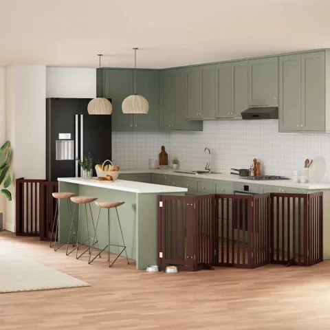 vidaXL Poartă câini pliabilă cu ușă 15 panouri maro 750 cm, lemn plop