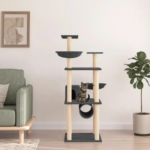 vidaXL Ansamblu pisici cu stâlpi din funie sisal, gri închis, 141 cm