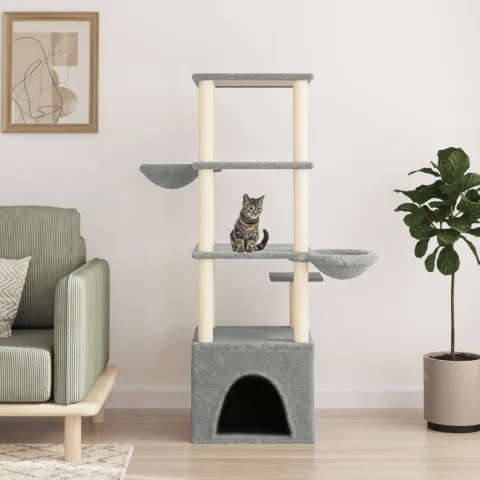 vidaXL Ansamblu pisici, stâlpi din funie sisal, gri deschis, 147 cm