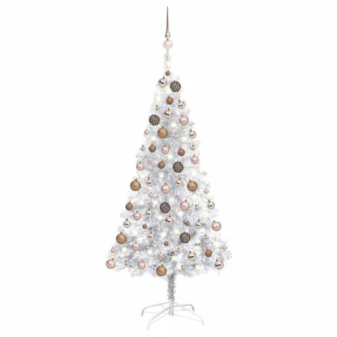 vidaXL Brad Crăciun pre-iluminat cu set globuri, argintiu, 120 cm, PET