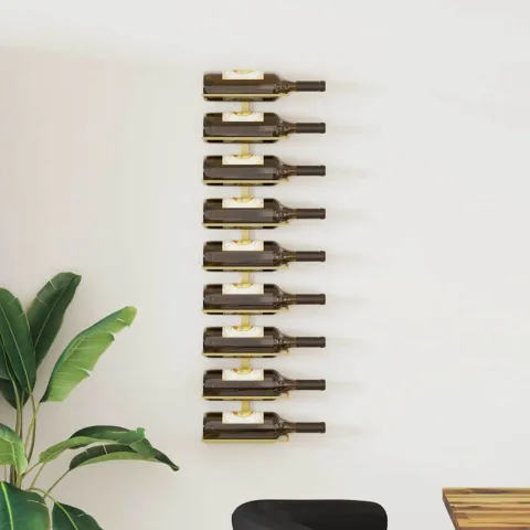 vidaXL Suport sticle de vin, de perete, 9 sticle, auriu, fier