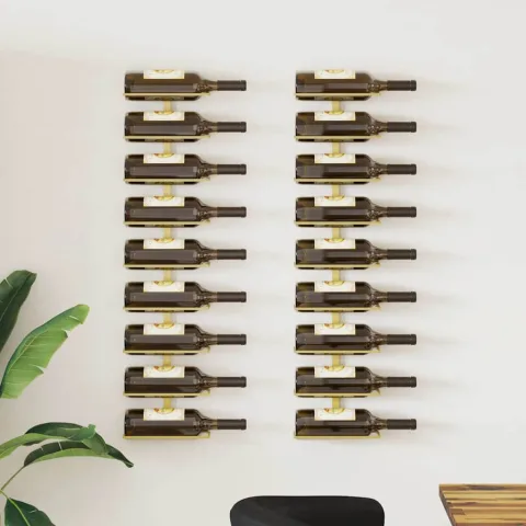 vidaXL Suport sticle de vin, de perete, 9 sticle, 2 buc., auriu, fier