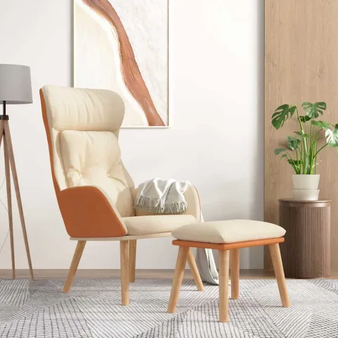 vidaXL Scaun de relaxare cu taburet, crem, piele ecologică/textil