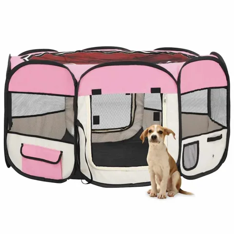 vidaXL Țarc joacă pliabil câini cu sac de transport roz 125x125x61 cm