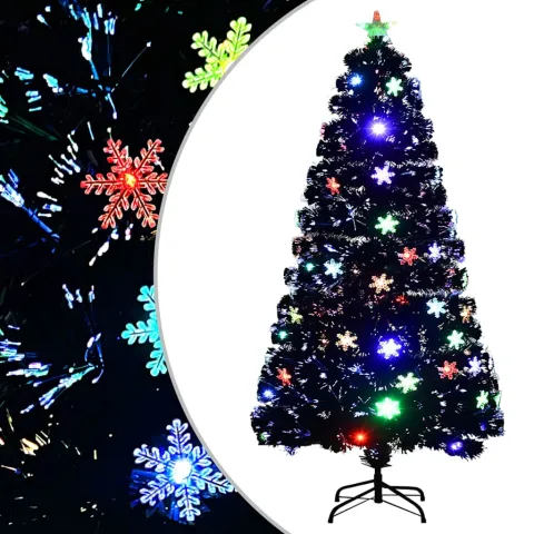 vidaXL Brad Crăciun cu LED fulgi de zăpadă, negru 120 cm fibră optică