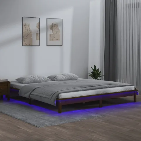 vidaXL Cadru pat cu LED mic dublu maro miere 120x190 cm lemn masiv