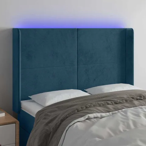 vidaXL Tăblie de pat cu LED, albastru închis, 147x16x118/128cm catifea