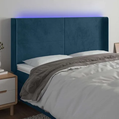 vidaXL Tăblie de pat cu LED, albastru închis, 163x16x118/128cm catifea