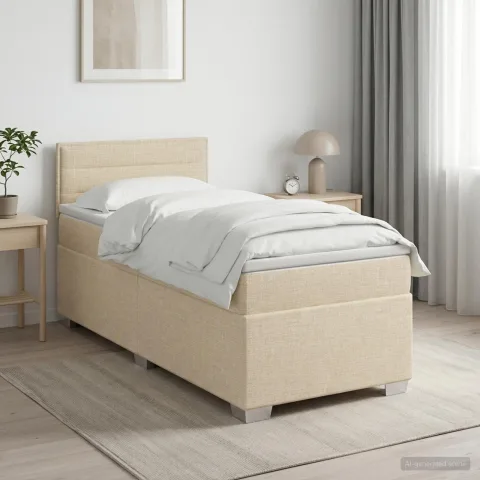 vidaXL Pat boxspring cu saltea cu headboard Crem 100 x 200 cm Țesătură