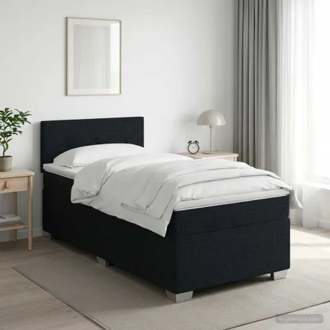 vidaXL Pat boxspring cu saltea cu headboard Negru 90 x 200 cm Țesătură