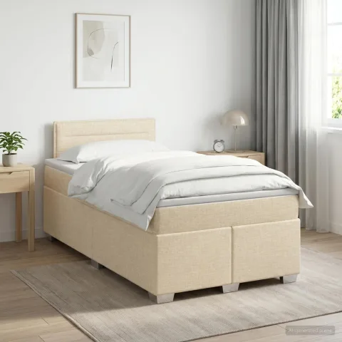 vidaXL Pat boxspring cu saltea cu headboard Crem 120 x 200 cm Țesătură