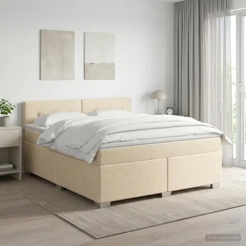 vidaXL Pat boxspring cu saltea cu headboard Crem 140 x 190 cm Țesătură