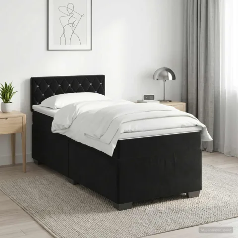 vidaXL Pat boxspring cu saltea cu headboard Negru 90 x 190 cm Catifea
