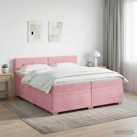 vidaXL Pat boxspring cu saltea cu headboard Roz 200 x 200 cm Catifea