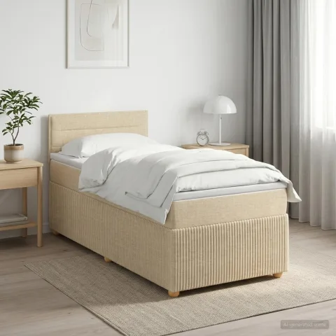 vidaXL Pat boxspring cu saltea cu headboard Crem 100 x 200 cm Țesătură