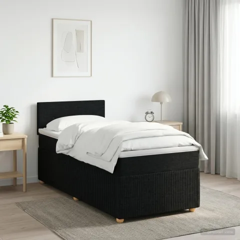 vidaXL Pat boxspring cu saltea cu headboard Negru 90 x 200 cm Țesătură
