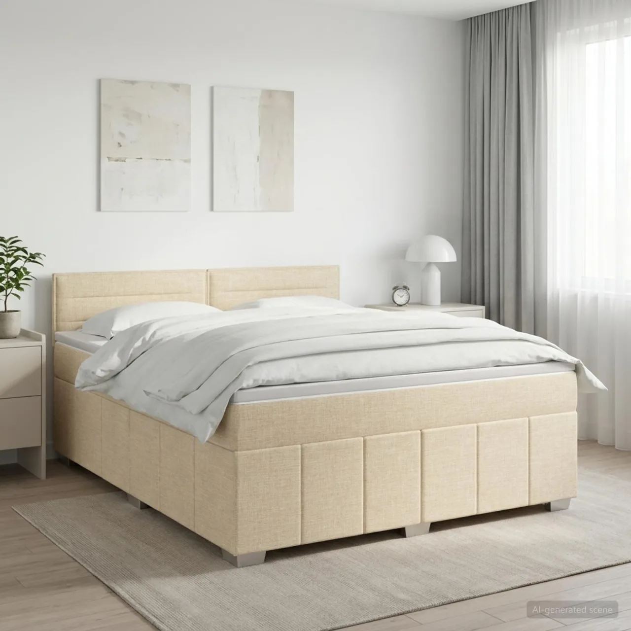 vidaXL Pat boxspring cu saltea cu headboard Crem 140 x 190 cm Țesătură