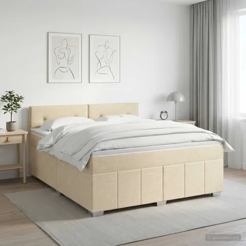 vidaXL Pat boxspring cu saltea cu headboard Crem 140 x 190 cm Țesătură